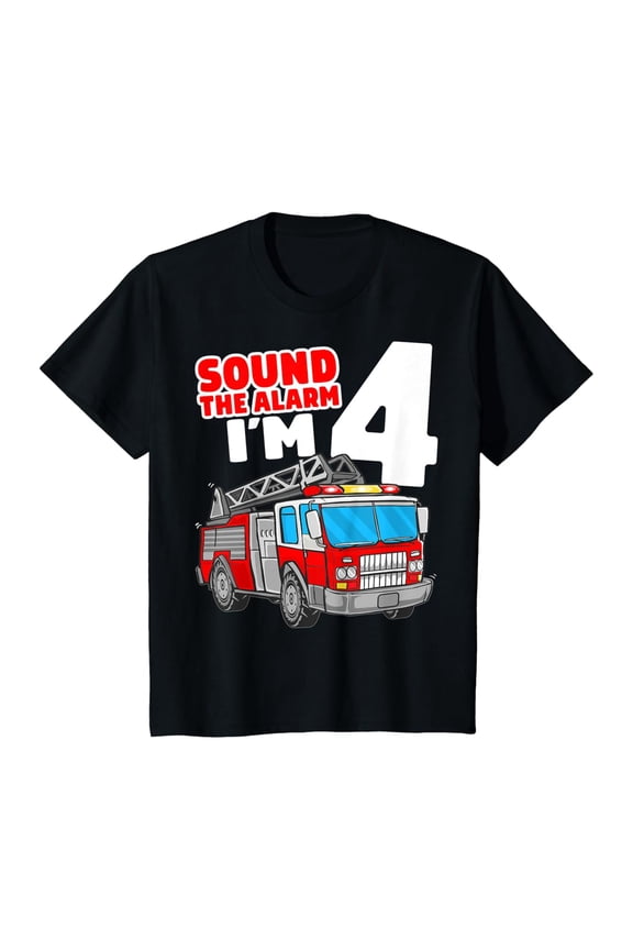 Fire Truck 4 Year Old Shirt Firefighter 4th Birthday Boy T-Shirt Full Size S-5XL