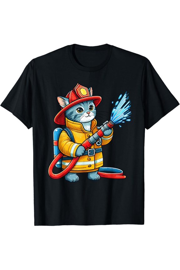 Firefighter Cat Fireman Animal Lover Cat T-Shirt Full Size S-5XL