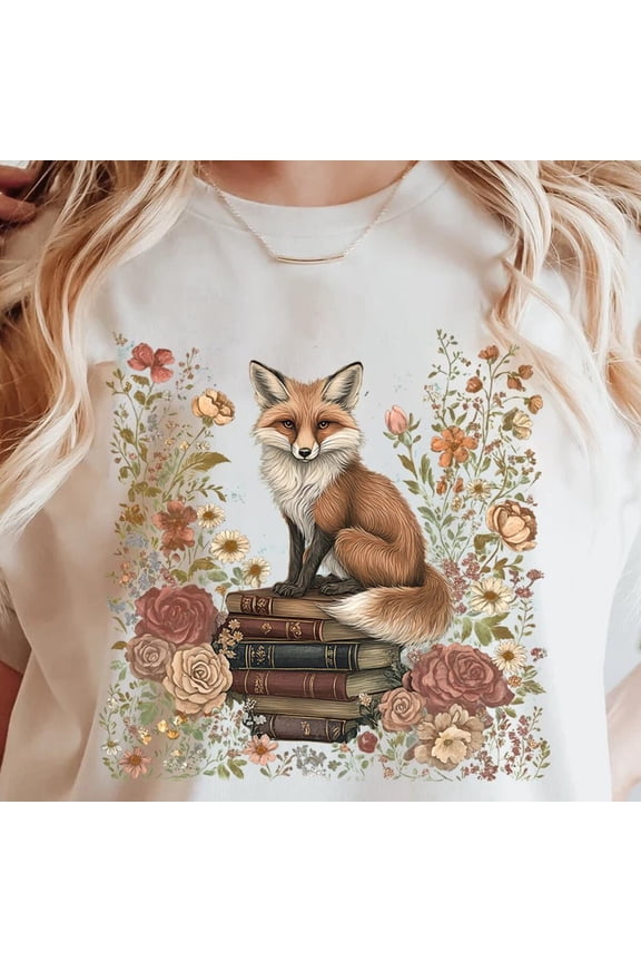 Fox and Book Shirt, Cute Flower Fox Shirt, Vintage Floral Cottagecore Shirt, Wildflower Meadow,Fairycore Tee,Forestcore TShirt,Botanical Fox