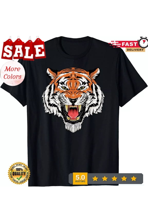 Growling Tiger Face Retro Vintage Wild Cat T-Shirt Full Size S-5XL
