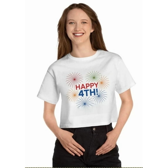Sam Soft Happy 4th of July Fireworks Cropped T-Shirt Patriotic Independence Day Unisex Cotton Tee, Full Size S-5XL