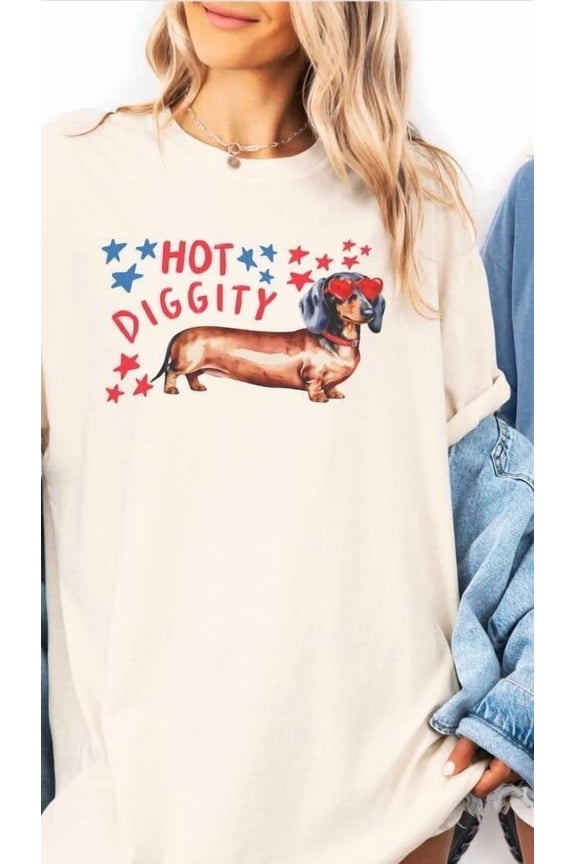 Hot Diggity Dachshund Patriotic 4th of July Tee, Weiner Dog Lovers Unisex Cotton Tee, Full Size S-5XL