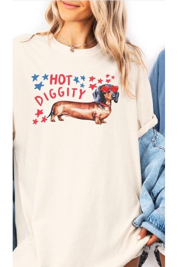 Hot Diggity Dachshund Patriotic 4th of July Tee, Weiner Dog Lovers Unisex Cotton Tee, Full Size S-5XL