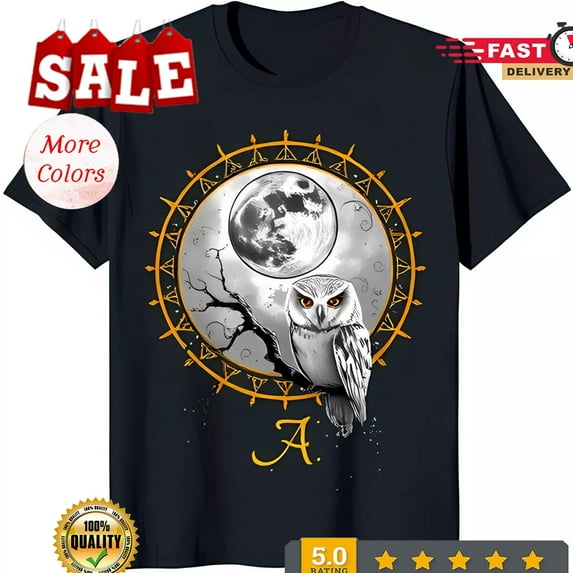 Sam Soft Hot-Enchanting Black T-Shirt With Owl And Full Moon Graphic Mystical Design Unisex Cotton Tee, Full size S-5XL