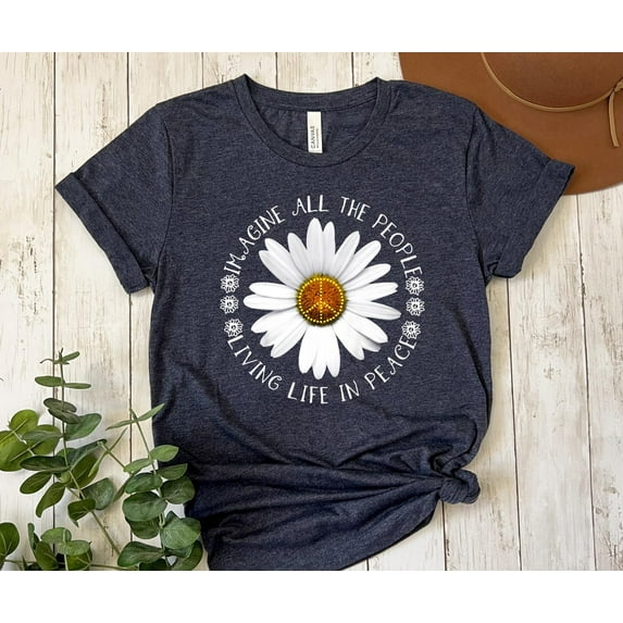Sam Soft Imagine All the People Living Life in Peace T-shirt, Imagine Peace Shirt, Floral Daisy Peace Sign Tee, Hippie Boho Graphic