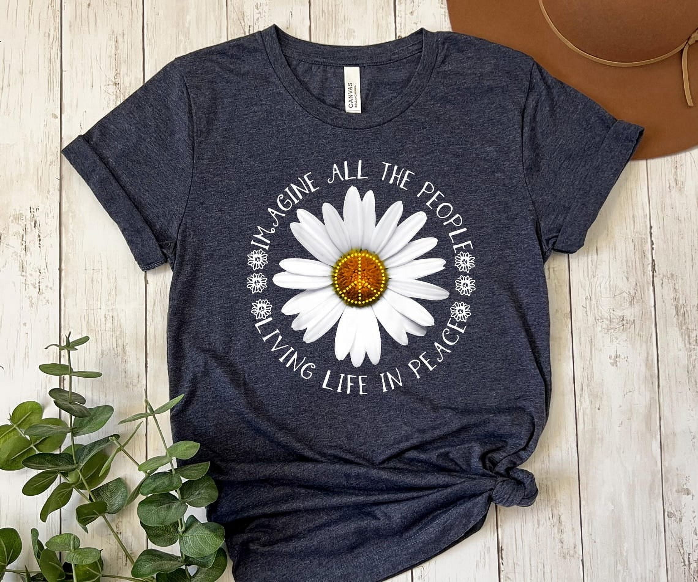 Women's Imagine All The People Living Life In Peace Print Denim Patchwork Top