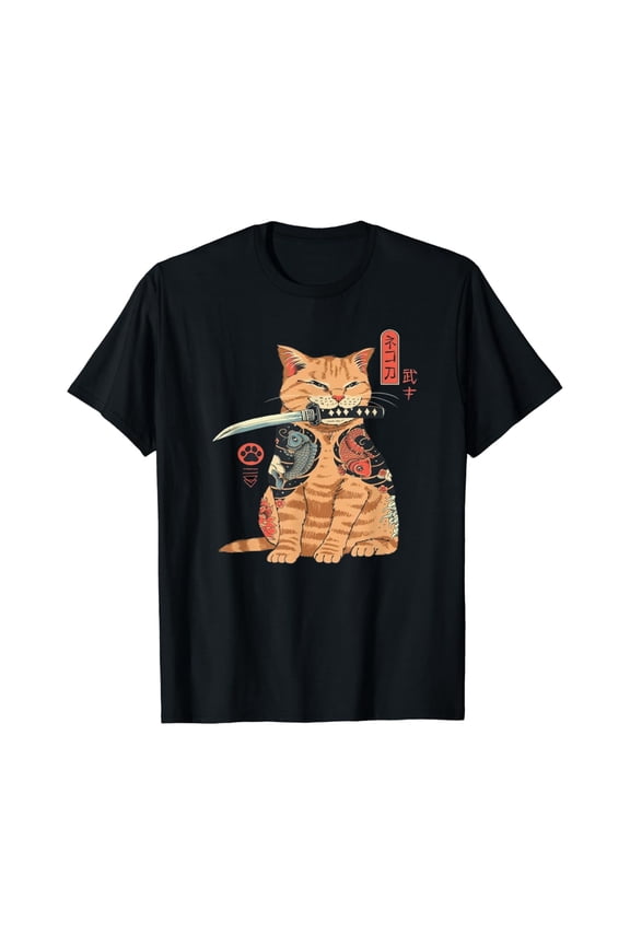 Japanese Samurai Ninja Cat Kawaii Graphic T-Shirt Alexamerch Cats