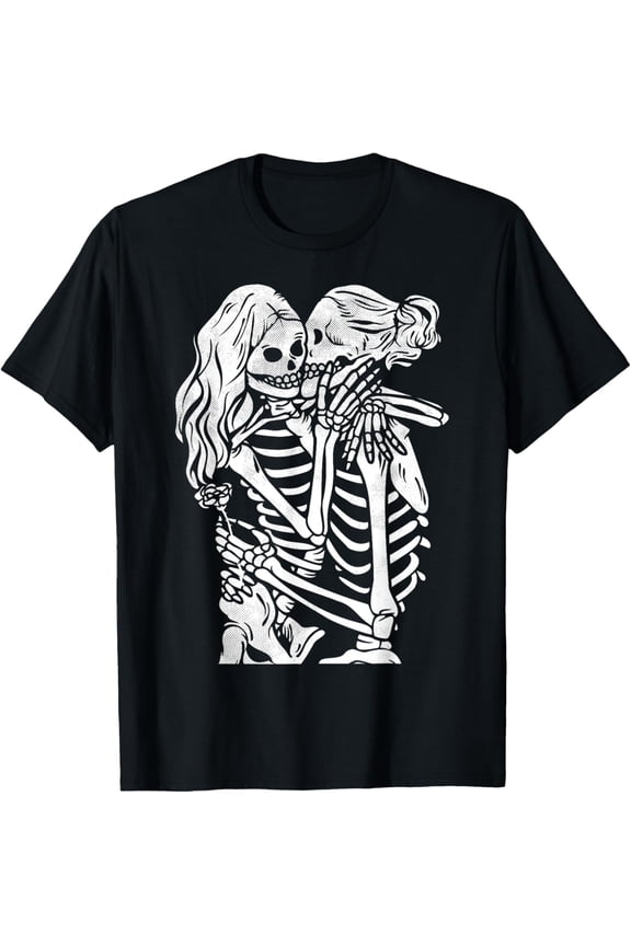LGBTQ Woman Skeletons Rose Honeymoon Lovers Kissing T-Shirt