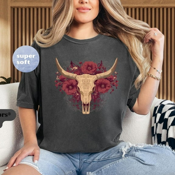 Sam Soft Longhorn Cow Skull Shirt, Western Graphic Tee, Boho Cowgirl Style, Vintage Desert Vibes, Country Music Top