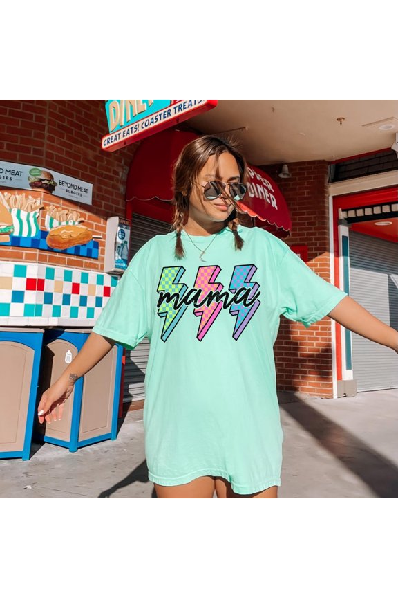 Mama Lightning Bolt Graphic Tee - Retro Badass Mom Shirt All Size S-5XL