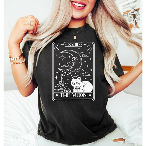 Sam Soft The Moon Tarot Card Cat T-Shirt, Celestial Outfit, Cat Lovers Tee Gift, Meow Tee, Cat Shirt, Tarot Card Lovers Tee, Mystical T-Shirt All Size S-5XL