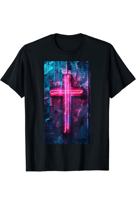 Neon Gothic Cross Neon cross Religious Cyberpunk T-Shirt