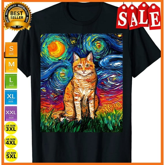 Sam Soft Orange Tabby Tiger Cat Starry Night Colorful Art By Aja T-Shirt Full Size S-5XL