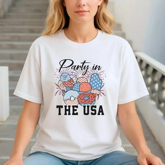 Sam Soft Patriotic Donut And Ice Cream T-Shirt Red White And Blue Fourth Of July Graphic Unisex Cotton Tee, Full Size S-5XL