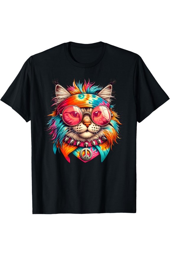Psychedelic Peace Cat Colorful Hippie Retro Groovy Vibes T-Shirt Hippie Cat Apparel