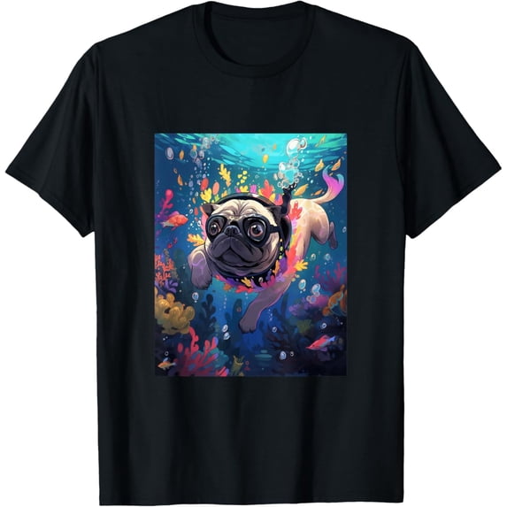 Sam Soft Pug Diving Dog Swimming Underwater T-Shirt Unisex Cotton Tee Full Size S-5XL
