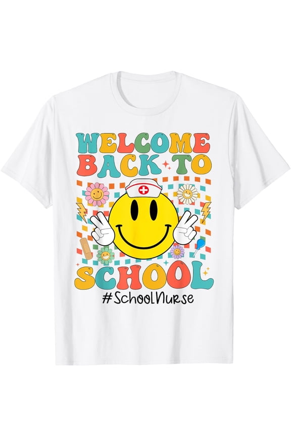 Retro Groovy Welcome Back To School Shool Nurse Smile Face T-Shirt