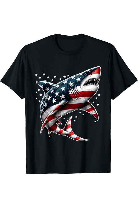 Shark American Flag USA 4th of July Boys Girls T-Shirt All Size S-5XL