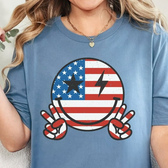 Sam Soft Smiley Face Shirt, 4th Of July Shirt, Retro Smile Face Shirt, Trendy Vintage Graphic Tee, Cute Summer Fourth T-shirt, USA Happy Face TshirtFull Size S-5XL