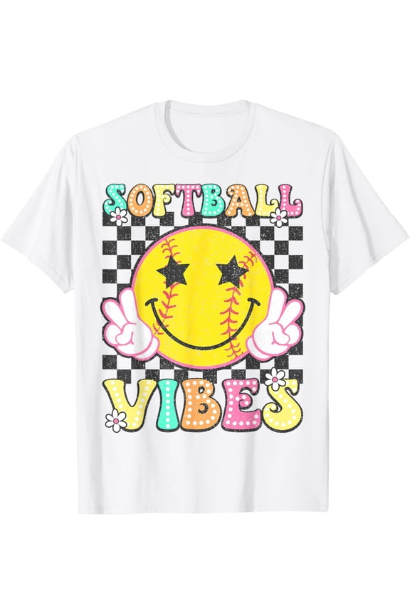 Softball Vibes Softball Retro Groovy Game Day Girls Women T-Shirt, Gift For Friend, Full Size S-5Xl
