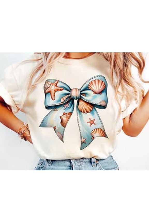 Â® Summer T-Shirt, Retro Summer Shirt, Beach Shirt, Coquette Bow Shirt, Coquette Seashell Shirt, Gift for Her, Summer Vacation