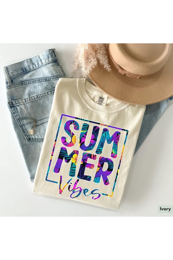 Summer Vibes Shirt for Summer Vacation Shirt for Beach Lover Gift Summertime Shirt for Pool Party Tropical Vibes Neon Colors