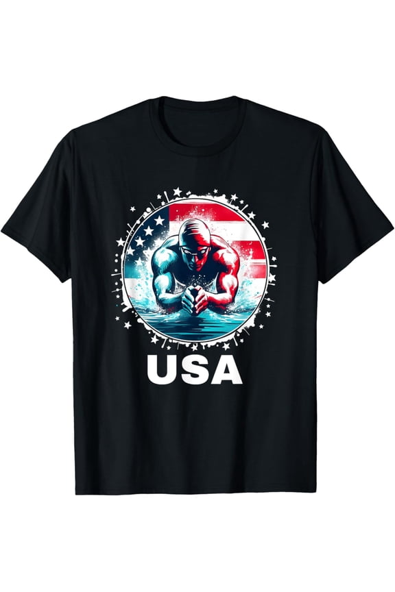 Swimming United States Team Apparel American Flag Swimming T-Shirt Unisex Cotton Tee Full Size S-5XL