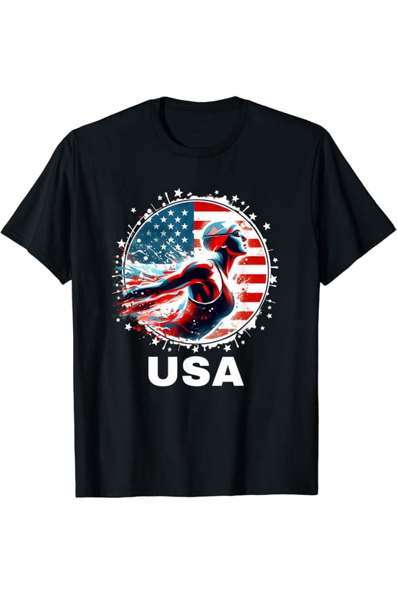 Swimming United States Women Team American Flag Swimming T-Shirt Unisex Cotton Tee Full Size S-5XL