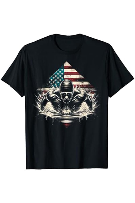 Swimming Us Man Flag Swim Butterfly Breaststroke T-Shirt Unisex Cotton Tee Full Size S-5XL