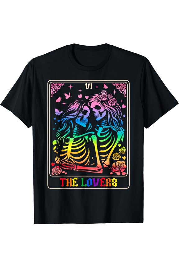 The Lovers Tarot Card Goth Kissing Skeletons Rainbow T-Shirt