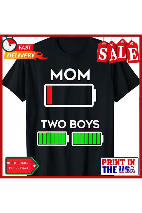 Tired Mom Of Two Boys Battery Low Design T-Shirt