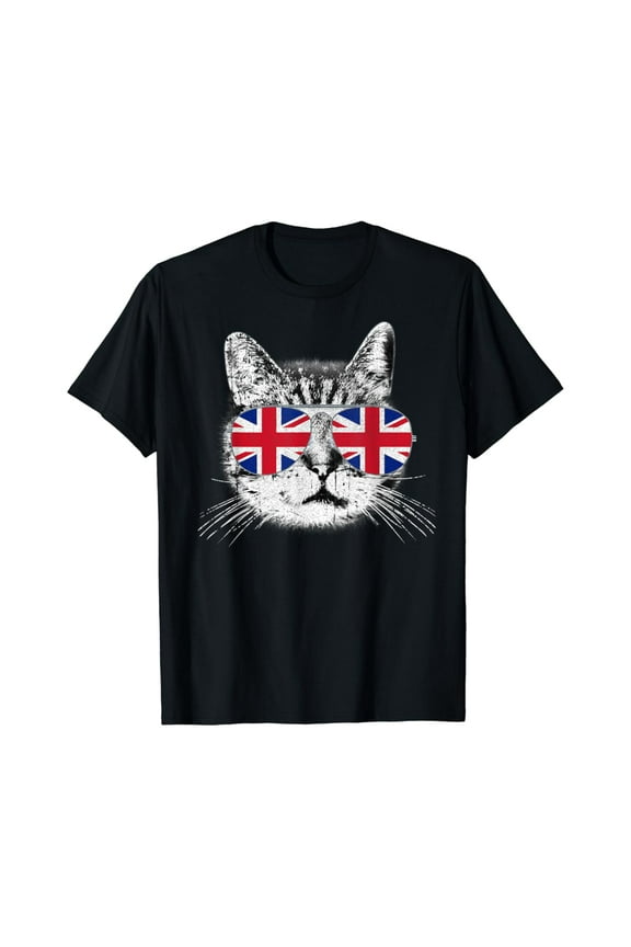UK Union Jack British Flag England Cat Sunglasses T-Shirt