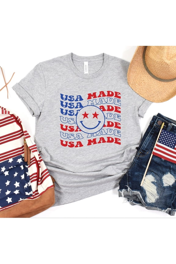 USA Made Shirt, 4th of July Shirt, Smiley Face Shirt, Red and White Shirt, Merica Shirt, USA Shirt, İndependence Day, American Flag Shirt