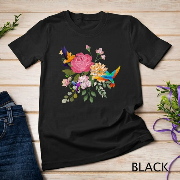 Sam Soft Vintage Bird Animal Lover Nature Roses Flowers Hummingbird Unisex T-Shirt
