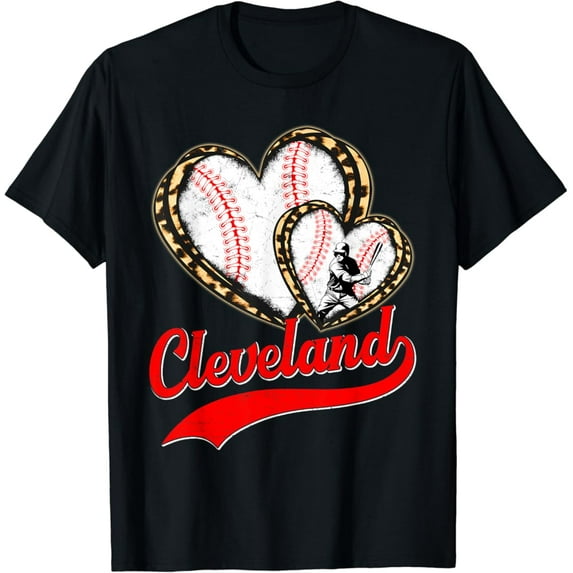 Sam Soft Vintage Cleveland Baseball Leopard Heart Baseball Fans T-Shirt Full Size S-5Xl