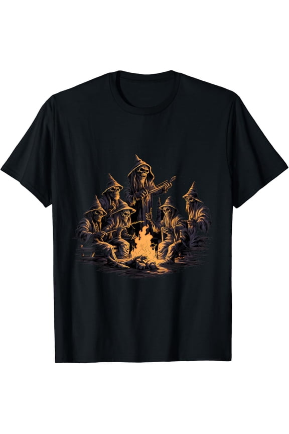 Vintage Horror Camping: Skeletons by the Fire T-Shirt