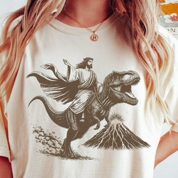 Sam Soft Vintage Jesus Riding Dinosaur 90s Tshirt, Retro Jesus Shirt, He Is Rizzen Shirt, Unisex Relaxed Graphic Tee, Christian Shirts