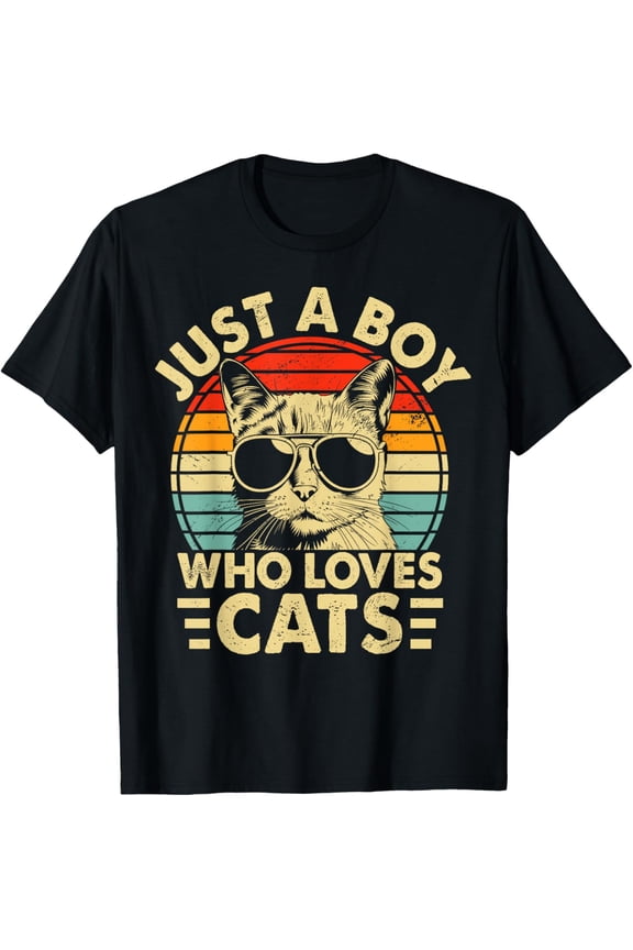 Vintage Just A Boy Who Loves Cats Boy Kitten Cat Lover Boys T-Shirt