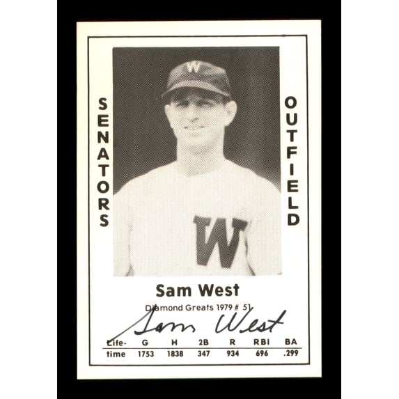 Sam West Autographed 1979 Diamond Greats Card #51 Washington Senators SKU #188672