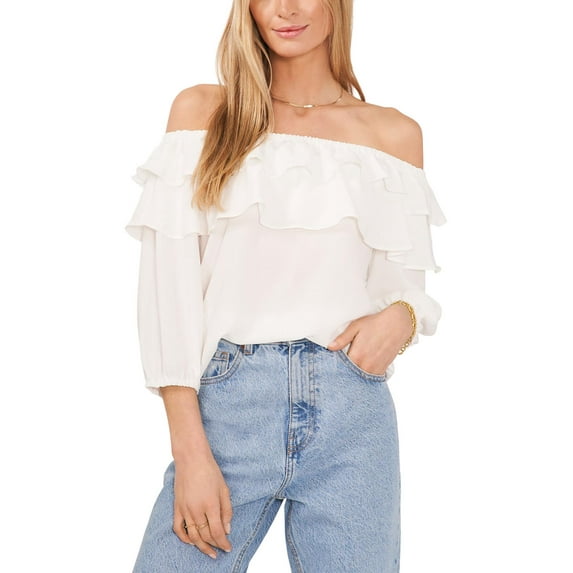 Women's Challis Ruffled Off-The-Shoulder Top New Ivory M