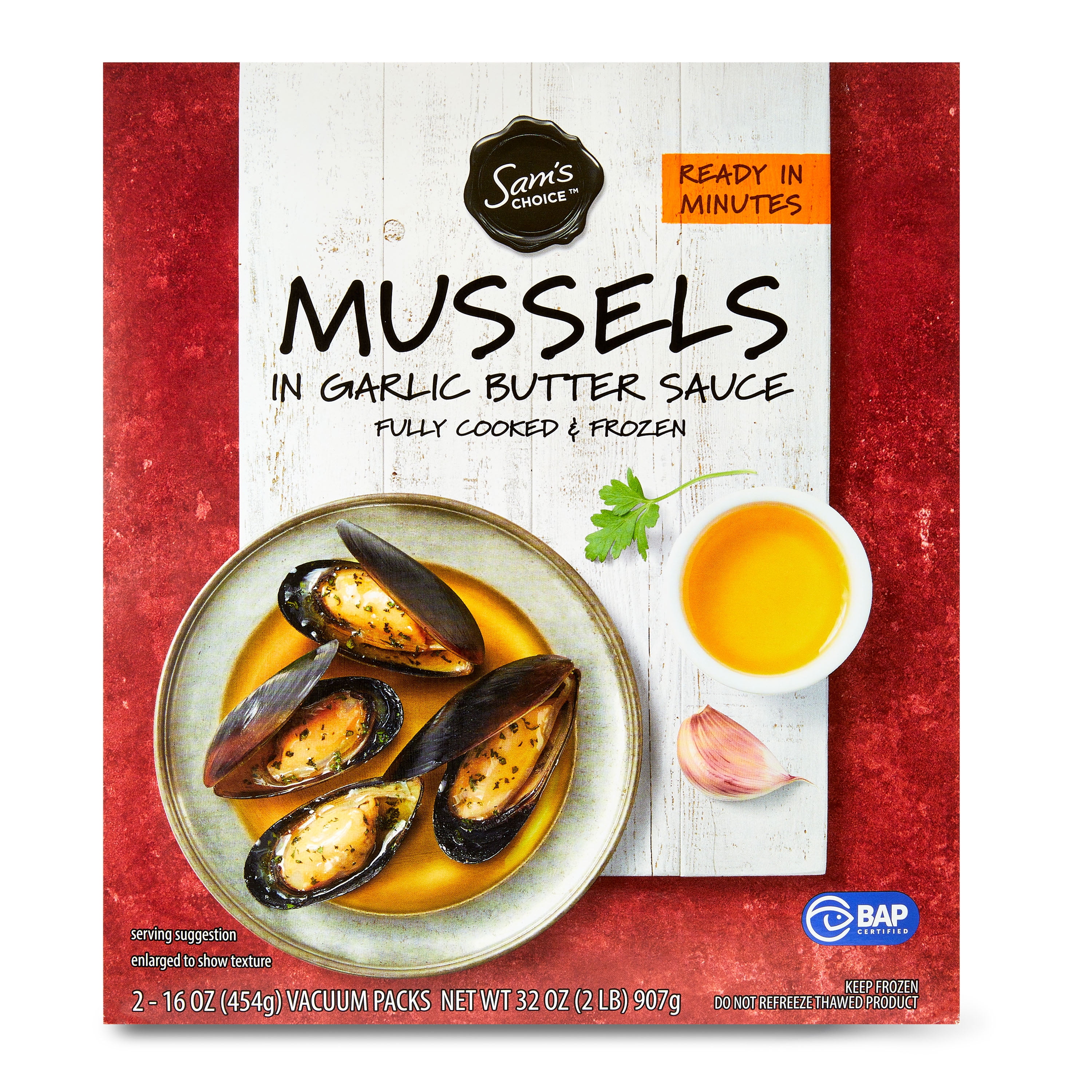Sam's Choice Mussels in Garlic Butter Sauce, Box of 2 1lb Packs Cooked