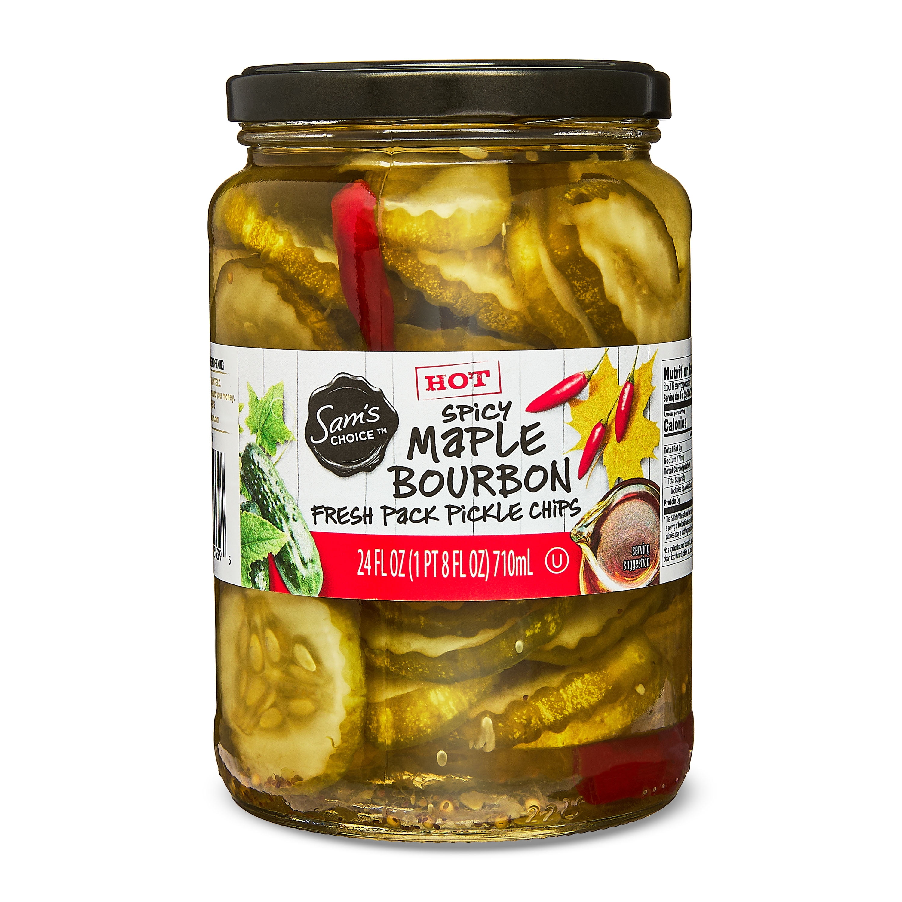 Sam's Choice Sliced Spicy Hot Maple Bourbon Pickle Slices, Gluten-Free, 24 oz Jar
