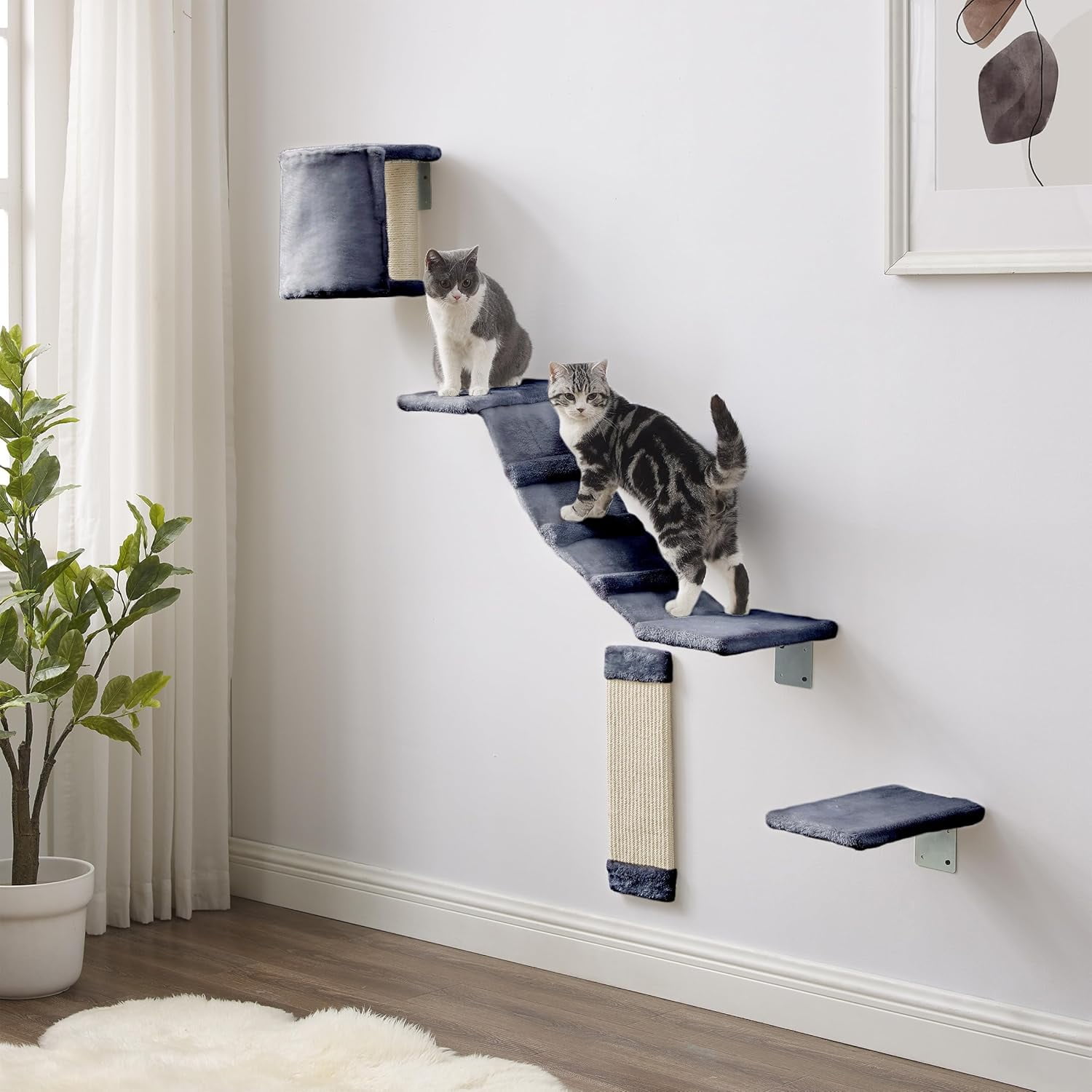 White Wall-Mounted Sisal Cat Climber with Platforms