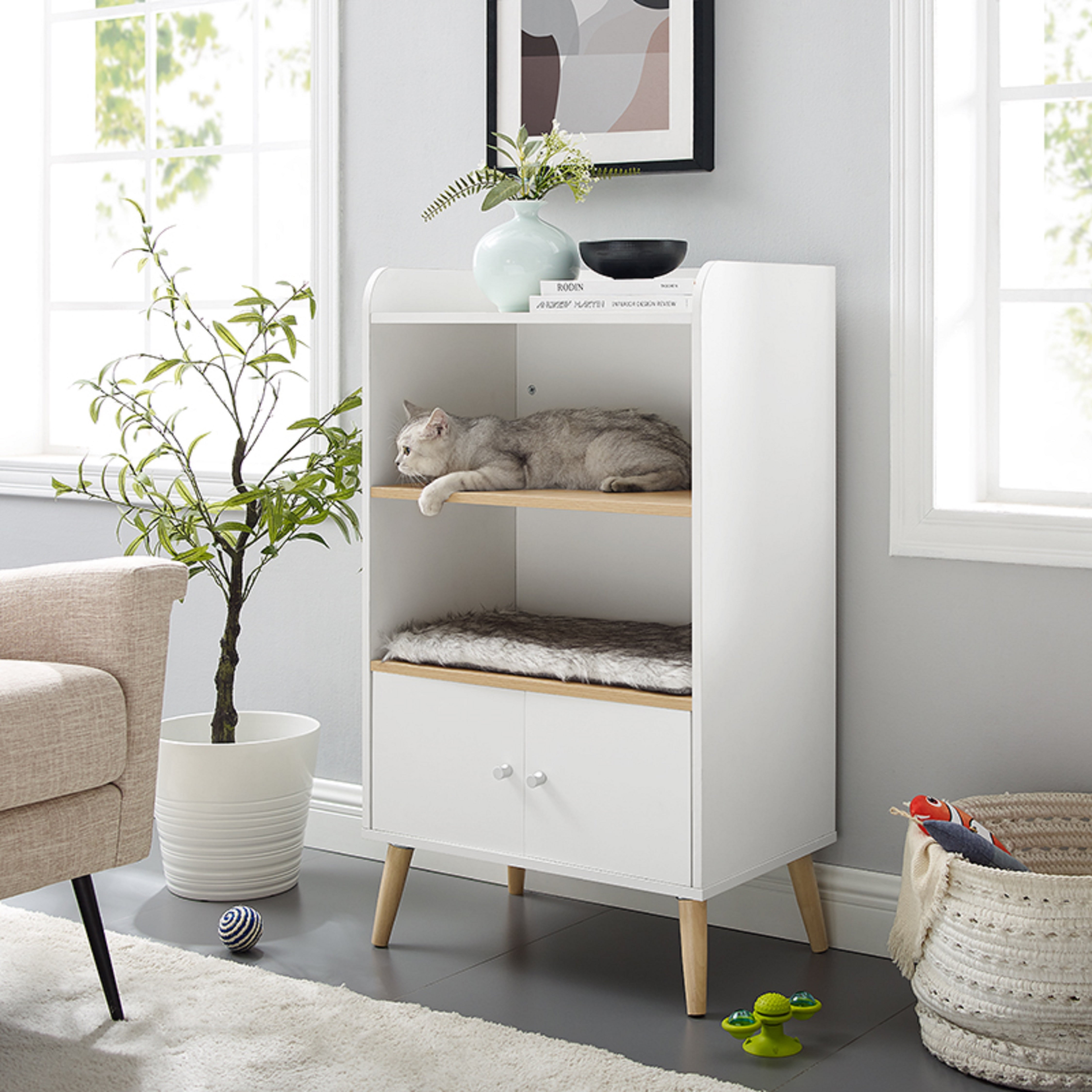 Modern White 39" Cat Tree Bookshelf with Plush Cushion and Storage Drawer