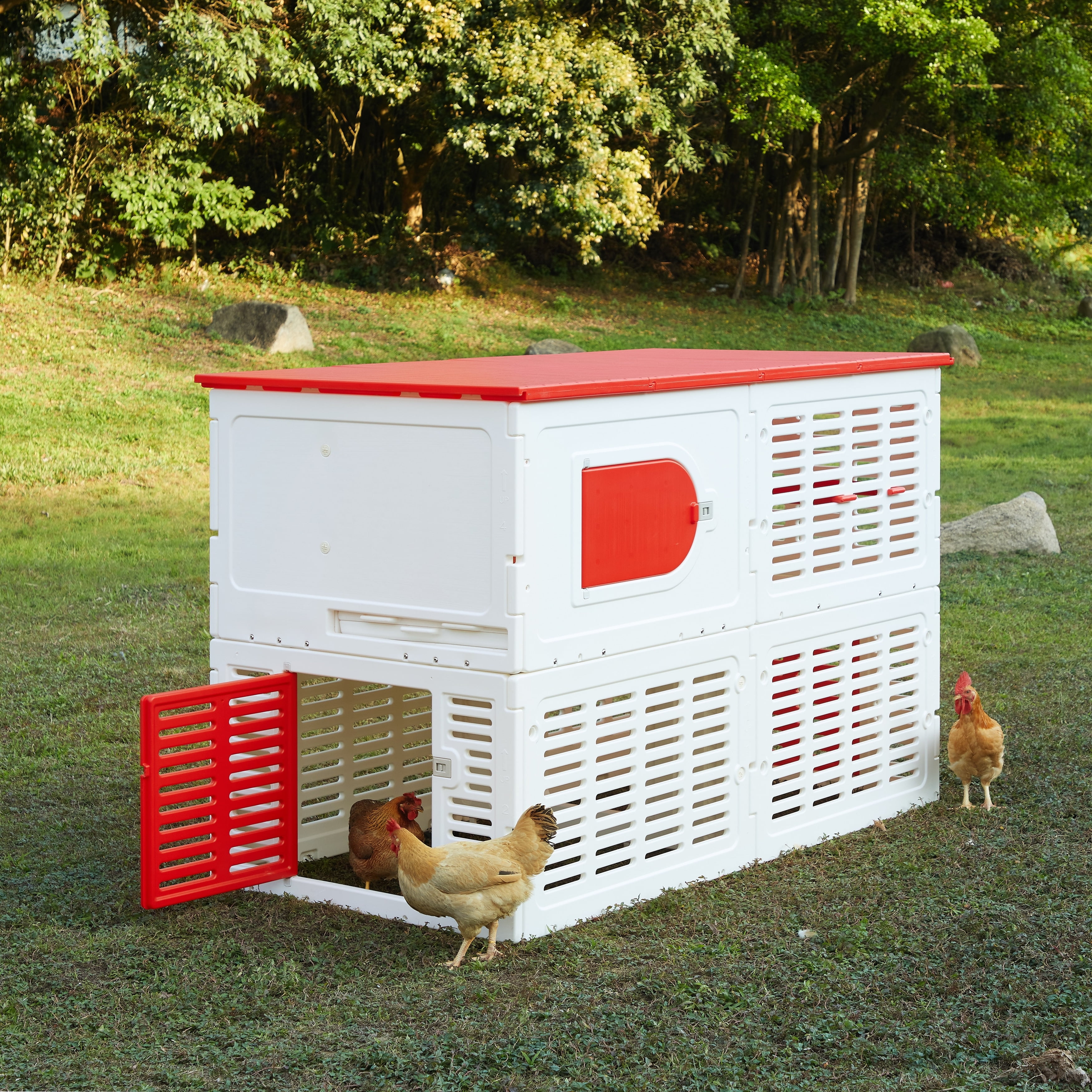 Red and White Multi-Level Plastic Chicken Coop