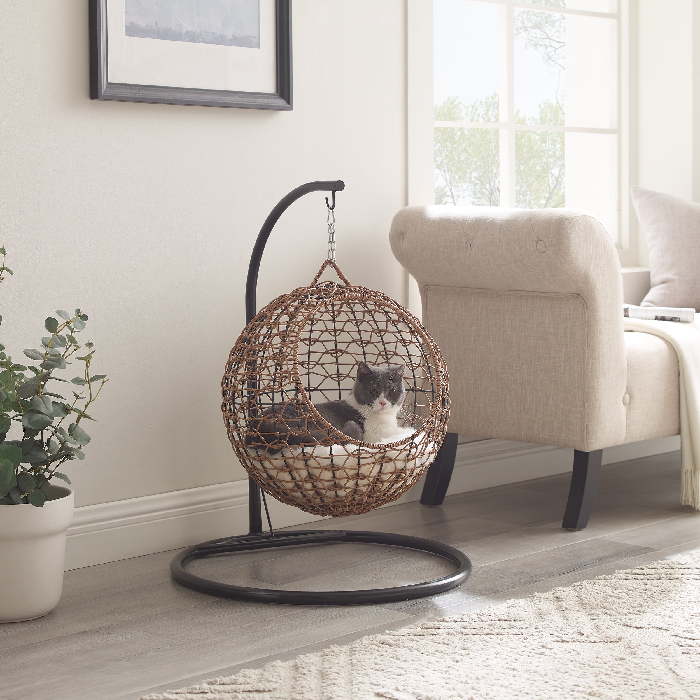 Medium Brown Rattan Hanging Egg Cat Condo with Cotton Cushion