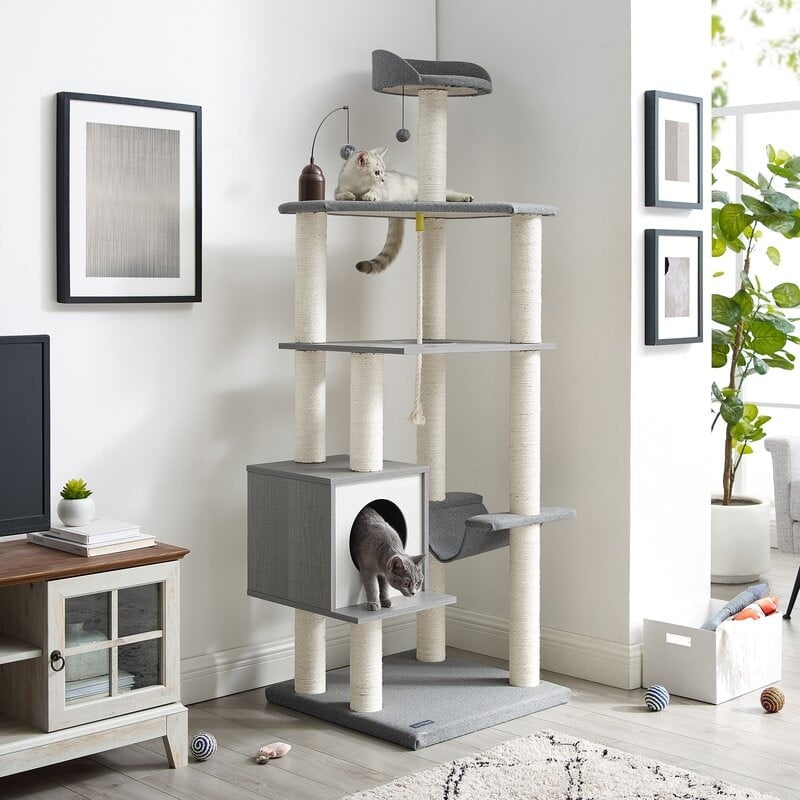 Gray Multi-Tiered Polyester Cat Tree with Hammock and Toys