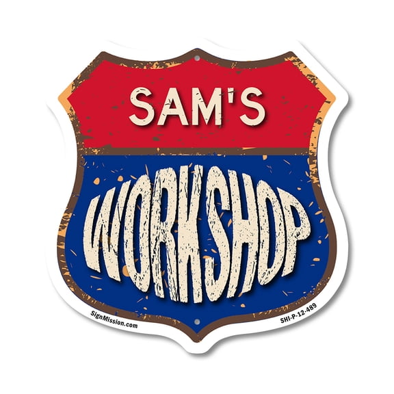 Sam's Workshop 12 inch X 12 inch Shield Shaped Commercial Grade Plastic Sign Weather Resistant, UV Protected To last, Gift for Dads and Uncles Classic Americana Crafted in the USA