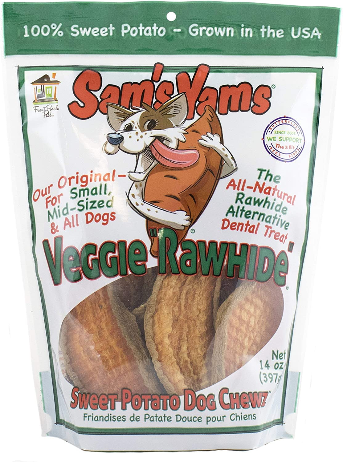 Sam's Yams Sweet Potato Dog Treats, Healthy Dog Treats for Small, Medium, and Large Breed Dogs - A, High Fiber, Vegan Dental Chews - Veggie Rawhide, Sweet Potato Dog Chewz, 14oz Single Pack