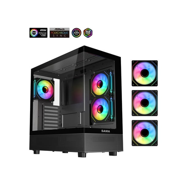 Sama Neview 4361 Black Dual USB3.0 and Type C Tempered Glass ATX Mid Tower  Gaming Computer Case w/ 3 x 120mm ARGB Fans (2 x MB Side, 1 x Rear) 